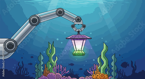 Robotic arm with a lantern exploring the deep blue sea with coral reefs and fish