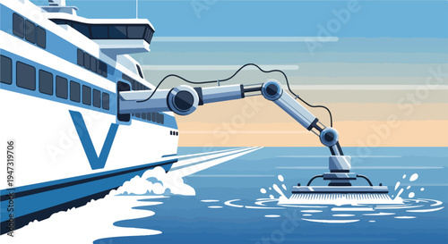 Robotic arm cleaning the hull of a modern ferry boat at sea, representing marine technology and environmental care.