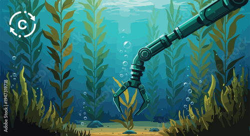 Robotic arm harvesting kelp underwater in a vibrant seaweed forest, ocean exploration, marine biology, sustainable aquaculture concept