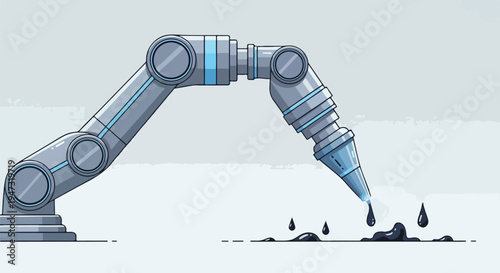 Industrial robotic arm dispensing black liquid, symbolizing automation, manufacturing, and technology in a clean, modern style.