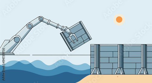 Robotic arm building a sea wall with concrete blocks to protect coastline from waves and sun