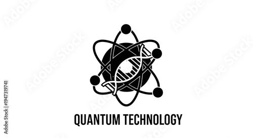 Quantum technology logo with atom and DNA.