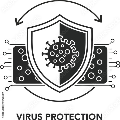 Black and white illustration of a shield protecting against virus and malware on a computer chip