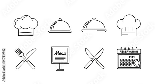 Restaurant chef hat and utensils icons.