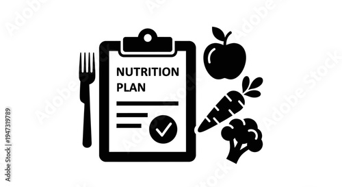 Nutrition plan with healthy food icons.