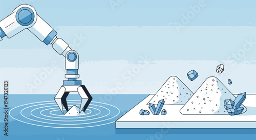 Robotic arm collecting crystals from a pile of sand on a platform in blue water, concept of mining and extraction