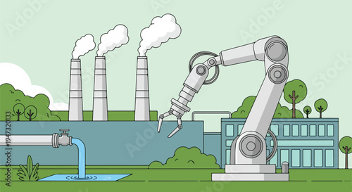Industrial robotic arm working in a factory with smoking chimneys and water pipe, representing automation and manufacturing.