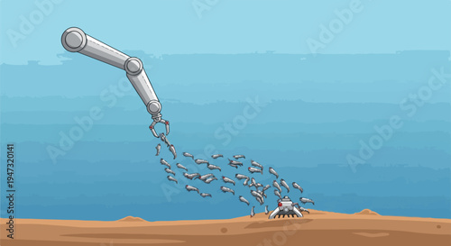 Robotic arm collecting small fish from the ocean floor, representing marine technology and conservation efforts