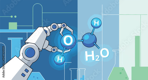 Robotic arm manipulating a glowing water molecule (H2O) in a futuristic laboratory setting with beakers and scientific equipment