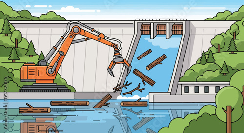 Excavator removing logs from a large concrete dam, hydroelectric power, renewable energy, environmental conservation concept
