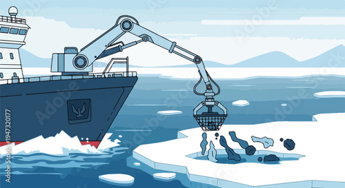 Icebreaker ship uses mechanical claw to collect seals from melting ice floe in Arctic ocean, environmental concept