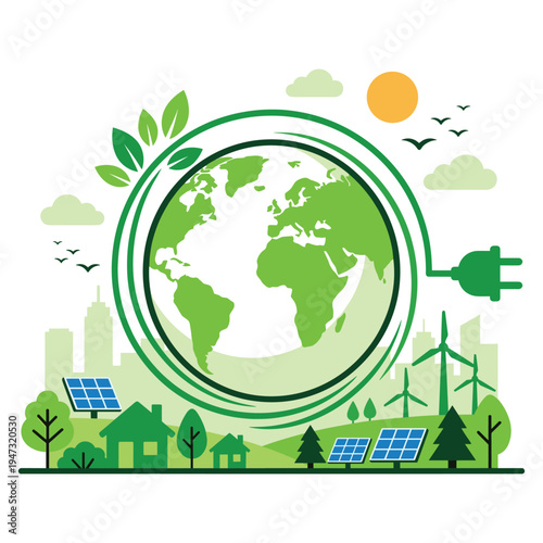 Green earth concept with solar panels wind turbines and electric plug