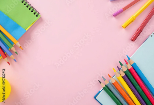School supplies on pastel background, copy space