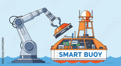 Robotic arm assembling a smart buoy with sensors and communication equipment in the ocean