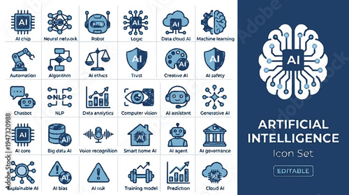 Futuristic ai icon set featuring symbols for technology robotics security and data on a clean professional background