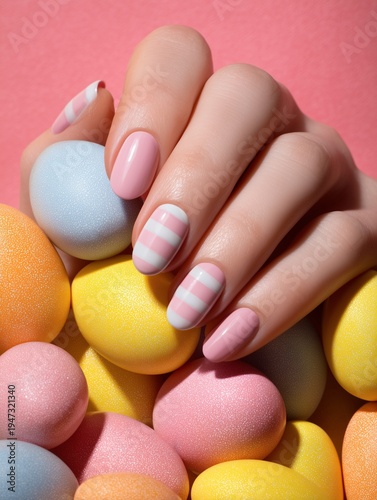 Pastel manicure with Easter eggs colorful spring nail art close up