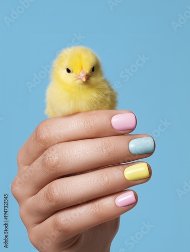Cute yellow chick sitting on female hand with pastel manicure