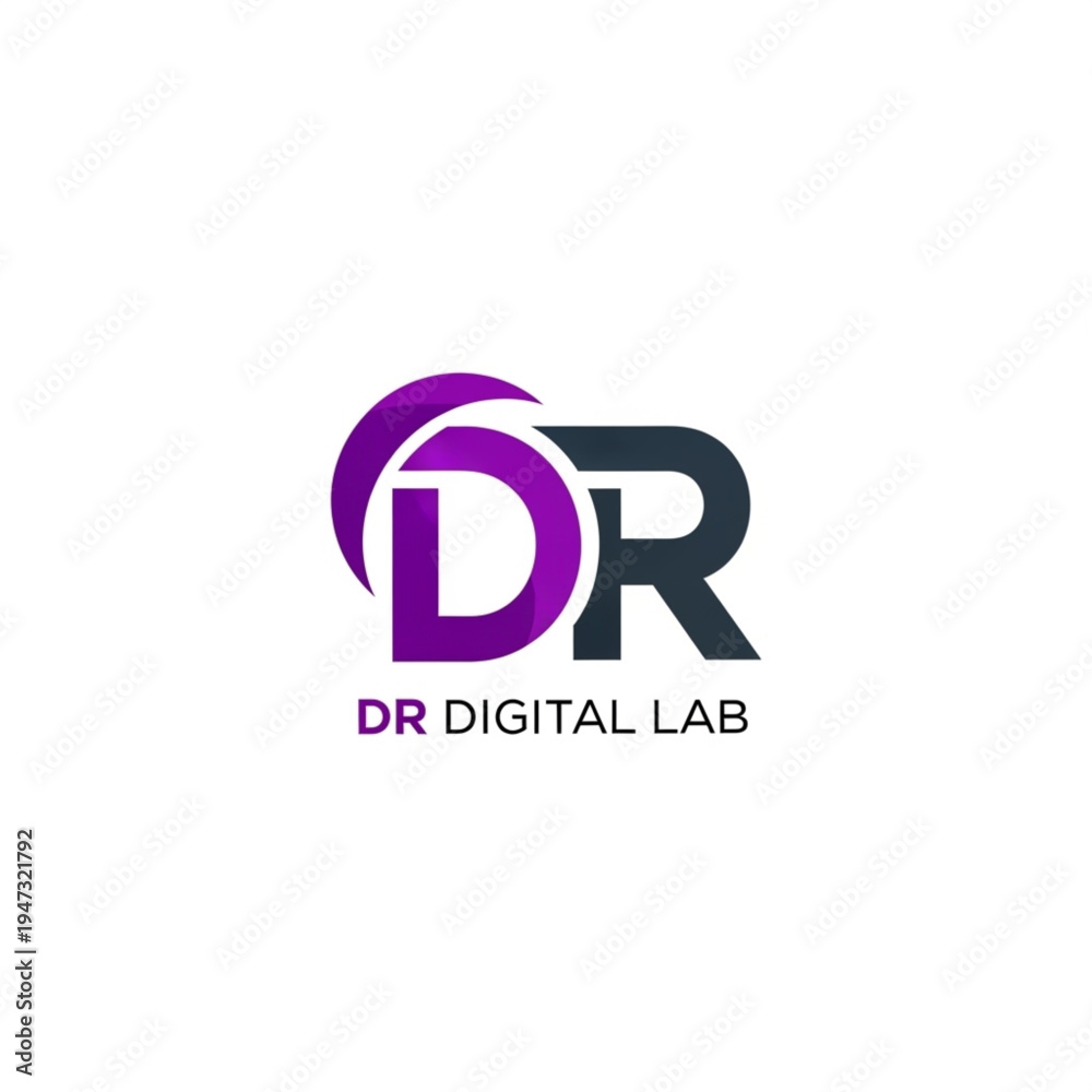 Fototapeta premium Modern DR monogram logo design with vibrant purple gradient and dark gray text for DR Digital Lab on a white background.