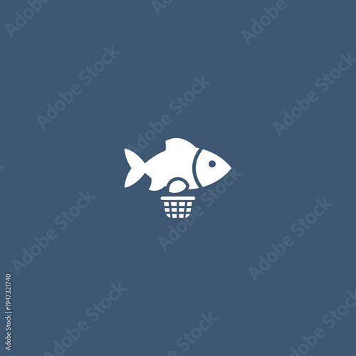 White Fish and Fishing Net Icon Vector Illustration on Dark Blue Background for Seafood, Fishing, or Aquatic Themes