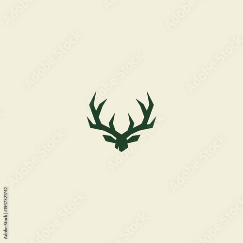 Minimalist Dark Green Deer Head with Antlers Vector Illustration on a Light Beige Background, Ideal for Branding, Logos, and Nature-Themed Designs