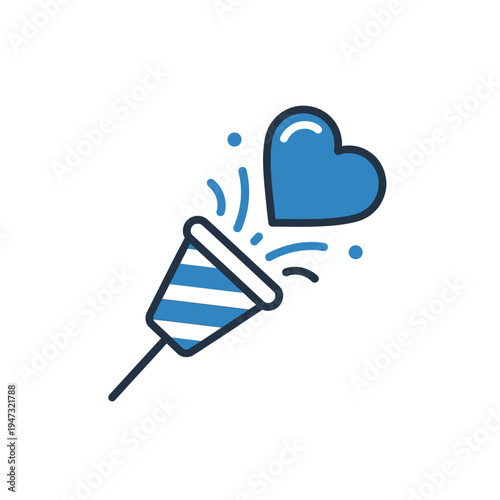 A blue heart bursts out of a striped party popper, symbolizing celebration, love, and joy.