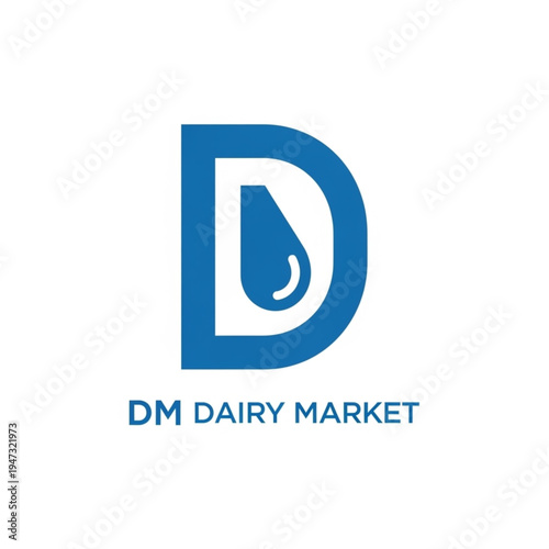 Minimalist Blue Logo for DM Dairy Market featuring the letter D and a stylized drop icon, ideal for branding.