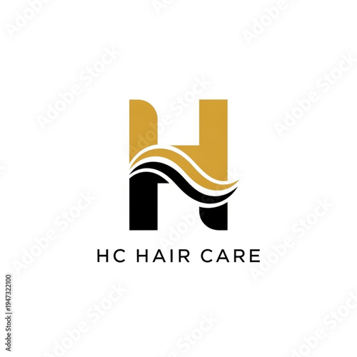 Monogram Logo Design for HC Hair Care Featuring Letter H with Stylized Wave of Hair, Gold and Black Colors