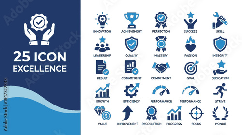 Blue and white 25 excellence icons banner showcasing awards achievement and success symbols in a clean flat vector design