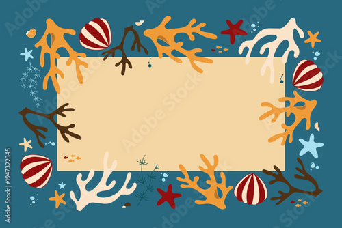 Sea frame. Nautical border. Vector ocean illustration in cartoon style with coral starfish shells on blue color background with empty space