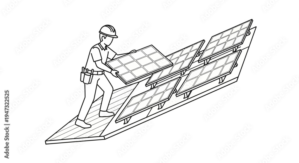 Obraz premium Man installing solar panel on roof.