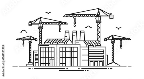 Industrial construction site with cranes.
