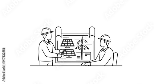 Two men discussing wind energy plans.