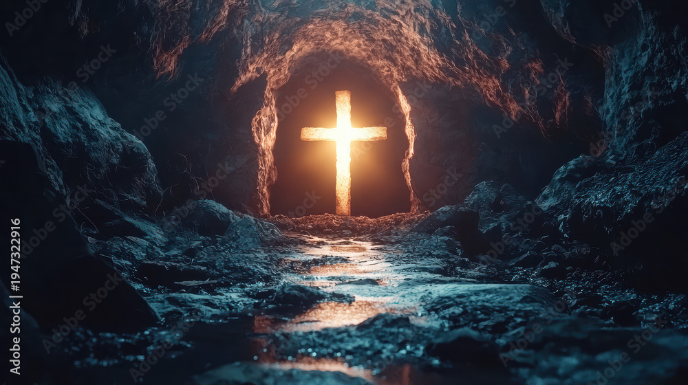 Fototapeta premium Glowing Christian cross emanates light at the end of dark, rocky cave symbolizing hope, faith, and resurrection against a backdrop of stone and shadow.