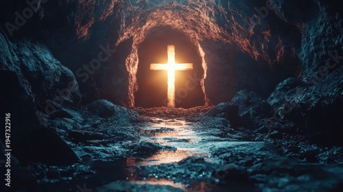 Glowing Christian cross emanates light at the end of dark, rocky cave symbolizing hope, faith, and resurrection against a backdrop of stone and shadow.