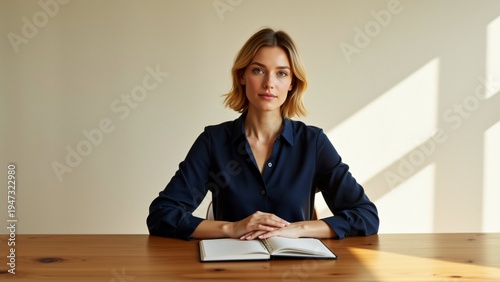 young woman sitting wooden table notebook front her she wearing navy blue blouse has shoulder length blonde hair woman looking directly camera serious expression her face background plain white wall