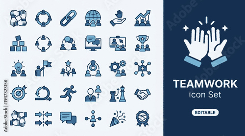 Teamwork icon set featuring collaboration symbols gears handshakes and process icons in blue and white