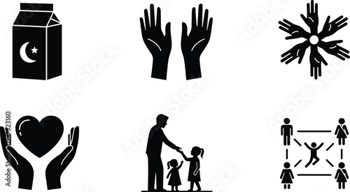 Charity icon set with helping hands heart family and donation box for humanitarian aid community support social work volunteer and global  