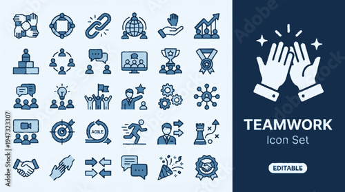 Bold teamwork icon set vector banner with corporate symbols and collaboration themes in blue and white