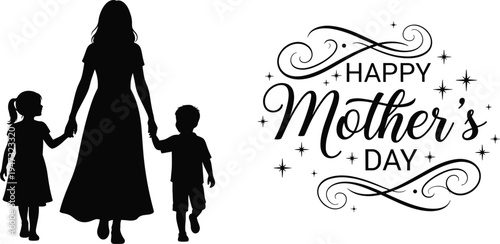 Happy Mother's Day silhouette with mother holding hands with son and daughter, family love concept, greeting card vector design elements.