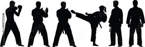 Martial arts silhouettes set with karate fighter and boxing poses isolated on white background for sports design and fitness training