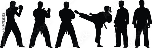 Martial Arts Silhouette Vector Set Featuring Karate Kick Boxing And Taekwondo Fighters In Various Combat Poses Isolated On White Background