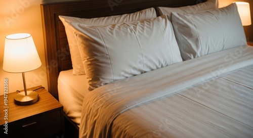 Cozy bedroom interior with soft lighting and comfortable bed.