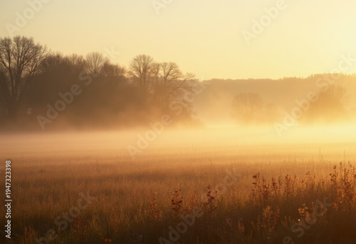 Morning mist over autumn meadow, calm atmosphere