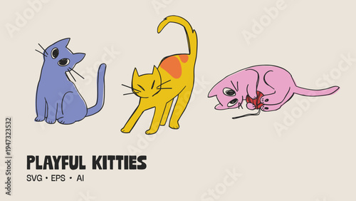 Funky Colorful Cat Trio Vector Illustration, Hand-Drawn Playful Feline Doodle Art, Quirky Multicolor Cartoon Cats Clipart