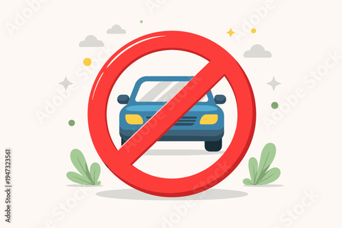 Car Ban and No Entry Sign Vector Illustration. Simple flat design featuring a blue vehicle inside a red prohibition symbol, ideal for traffic control, pedestrian zones, and eco-friendly concepts.