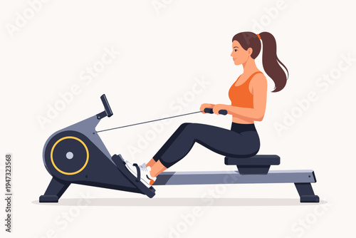 Young woman exercising on a rowing machine for cardio training and fitness, flat vector illustration of a female athlete working out on an indoor rower, healthy lifestyle and gym workout concept.