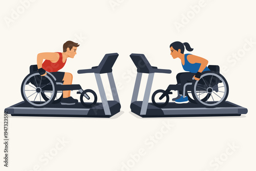 Flat vector illustration of a man and a woman in wheelchairs training on treadmills. Inclusive fitness concept showing adaptive sports, disability representation, and active healthy lifestyle.