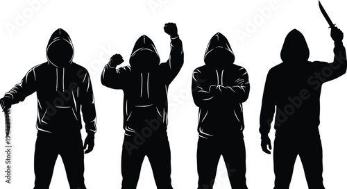 Silhouettes of hooded men in hoodies holding knives and posing aggressively representing street gangs crime danger urban violence and threat.