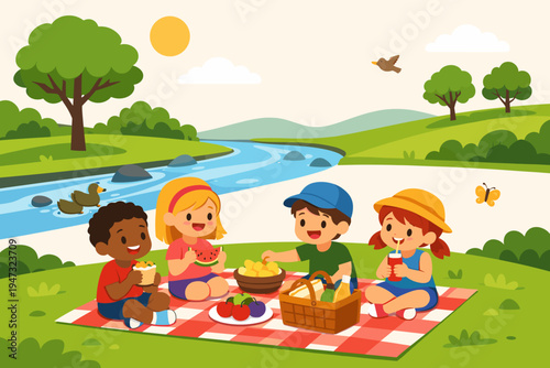 Happy diverse group of children having a fun picnic in a beautiful green park by a flowing river with trees, hills, and wildlife. Flat vector illustration of kids eating healthy food outdoors on a