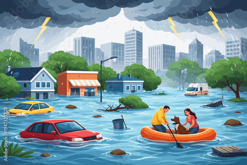 Vector illustration of a city flooded during a severe storm with heavy rain and lightning. People in an orange inflatable boat rescue a dog from rising water near submerged cars and houses.